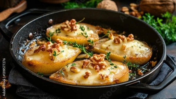 Obraz Richly baked pears are elegantly presented in a skillet, adorned with luscious cheese, crunchy walnuts, and fragrant thyme. A perfect dish for a warm gathering