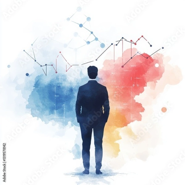 Fototapeta Futuristic Businessman Contemplating Colorful Data and Analytics