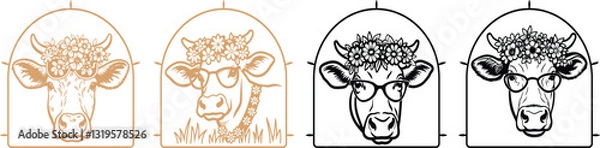 Fototapeta set of Dairy cow sunglasses head with floral vector, engraving sketch ink poster black illustration etching style tattoo, color blobs logo Cow, sunglasses, smart cow, Head, Animal, color blobs