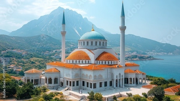 Fototapeta Stunning white mosque, perched on a hillside overlooking the sea and mountains
