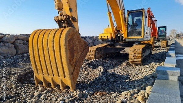 Obraz Yellow excavator among rocks at a work site
