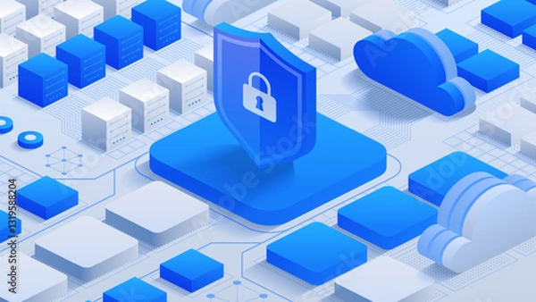 Obraz Encrypted Cloud Safety. Illustration of a cloud with a lock and shield, emphasizing encrypted data protection and cybersecurity in cloud storage solutions. Ideal for secure digital environments