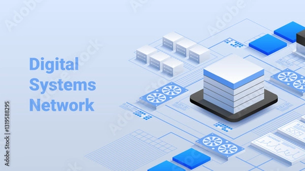 Obraz Isometric vector illustration of a Digital Systems Network. High-performance networking architecture with virtualized systems, automation and cybersecurity for efficient digital connectivity