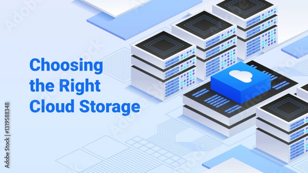 Obraz Cloud storage infrastructure. Multiple server stacks with cloud icon. Data management and technological solutions with geometric and digital elements. Isometric vector illustration