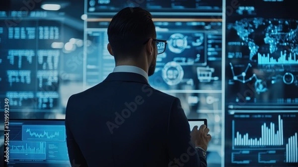 Fototapeta Businessman Analyzing Data on Large Screens