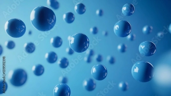Fototapeta A Serene Dance Of Vibrant Blue Spheres Floating Gracefully In A Tranquil Azure Sky, A Captivating Visual Symphony Of Smooth, Glossy Surfaces