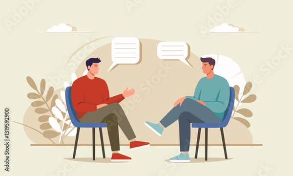 Fototapeta Men discussing, talking, debating, giving interview. Two men sitting in chairs opposite each other, speech bubbles. Flat design vector illustration