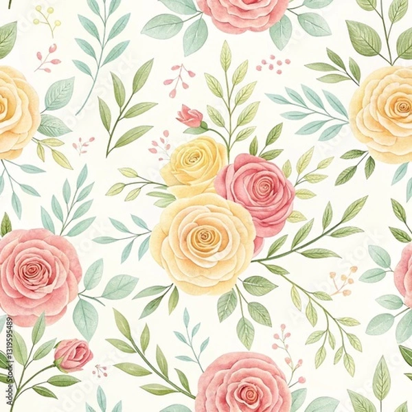 Fototapeta Watercolor Roses Seamless Pattern, Blush Pink and Cream Tones