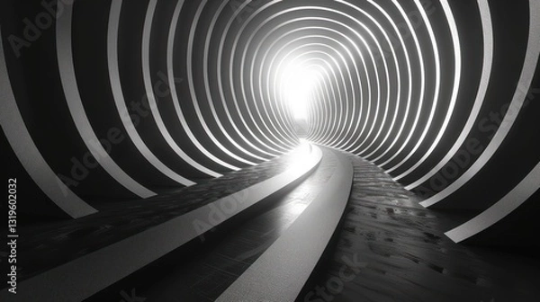 Fototapeta Abstract monochromatic tunnel with perspective leading towards illumination