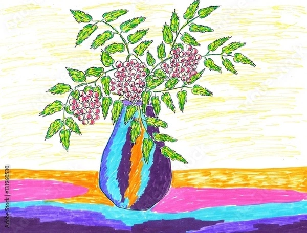 Fototapeta Hand drawn multicolor illustration with rowan berries in a vase - scan