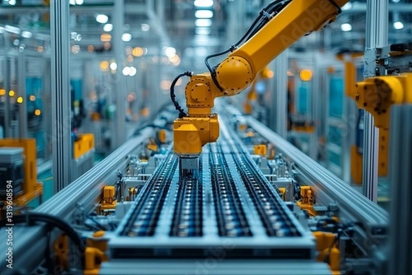 Fototapeta A yellow robotic arm over an assembly line in a factory