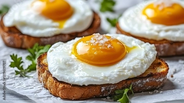 Obraz Soft Meal Preparation, Poached Egg on Crispy Toast with Flaky Sea Salt - Close-Up of Textural Details