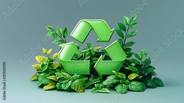 Obraz Sustainable Recycling Emblem in Minimalist Pastel Landscape with Growing Plants