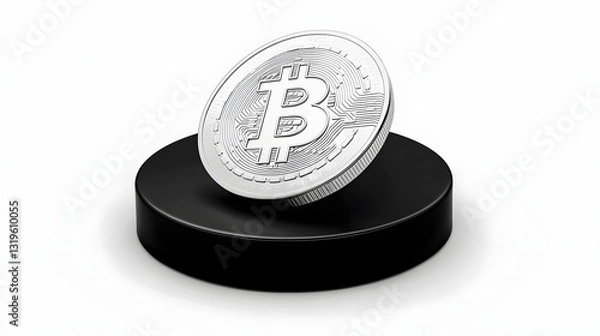 Obraz Silver Cryptocurrency Coin on Sleek Black Pedestal with Minimalist Design