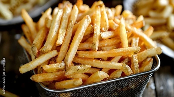 Obraz Delicious Golden French Fries Stacked in a Metal Basket on a Rustic Table Setting