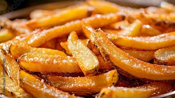 Obraz Freshly Fried Golden Salted French Fries in Warm Glow with Copy Space