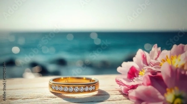 Obraz Engagement ring close-up beachside jewelry photography serene ocean view romantic concept