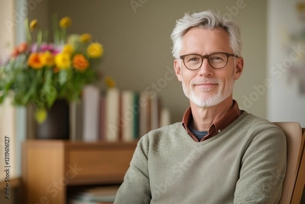 Fototapeta Portrait of a gray-haired middle-aged smiling male psychotherapist in a green jumper and glasses sitting in a chair in his office with books and flowers behind him. Concept psychological help services