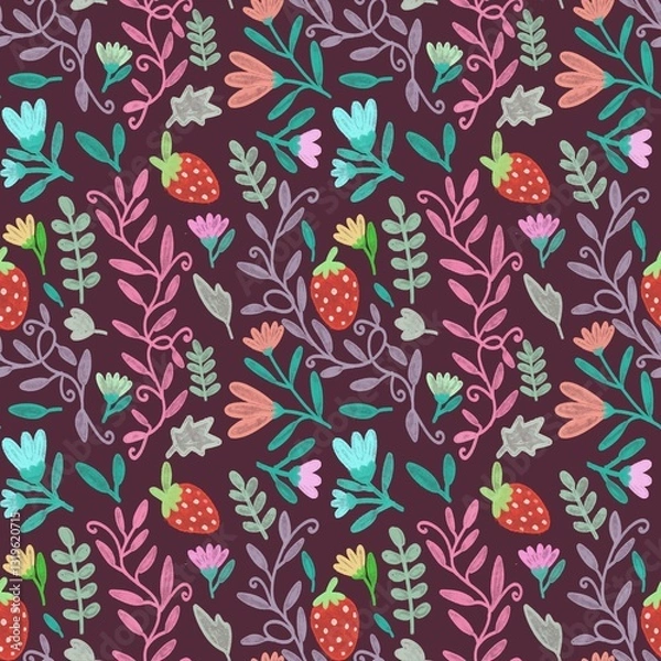 Fototapeta seamless pattern with colorful flowers leaf and strawberry on dark purple background 