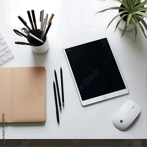 Obraz Simple Desk Setup with Tablet, Pen, and Plants