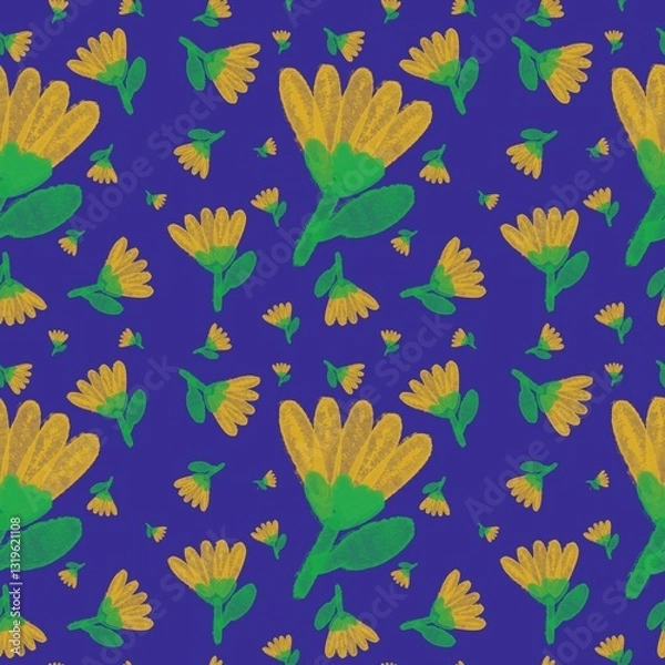 Fototapeta seamless pattern with yellow flowers on deep purple background 