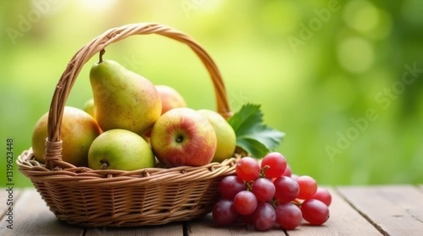 Fototapeta Close-up of wicker basket with organic pears and grapes on wooden table, soft green field, great for fresh produce or nature visuals.
