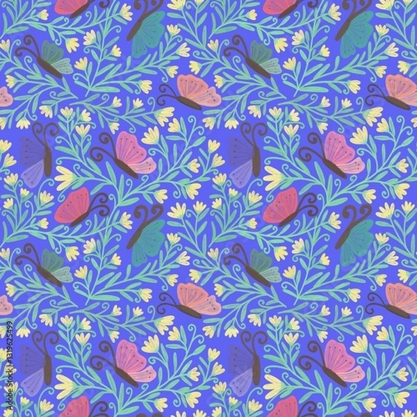 Fototapeta seamless pattern with flowers and butterfly on light purple background 