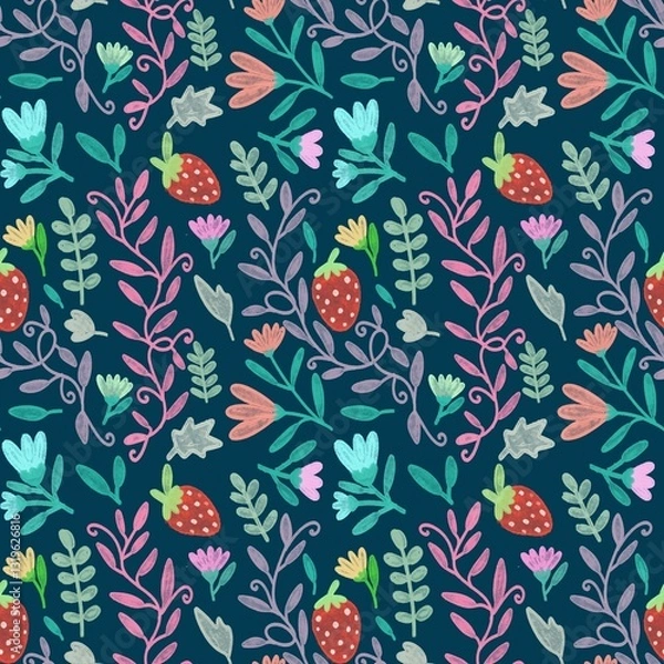 Fototapeta seamless pattern with colorful flowers and red strawberry  on deep blue background 
