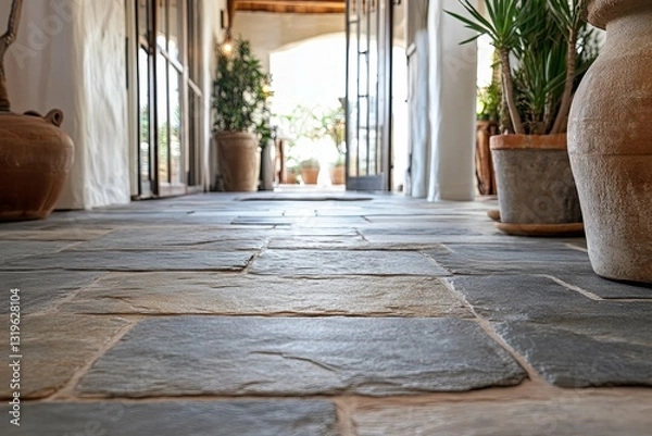 Fototapeta A low perspective of a stone tiled hallway entrance setting