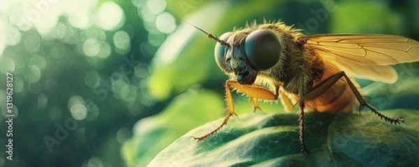 Fototapeta A close up photograph of a colorful insect on a green leaf