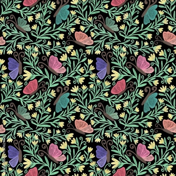 Fototapeta seamless pattern with creeping flower and butterfly on black background 