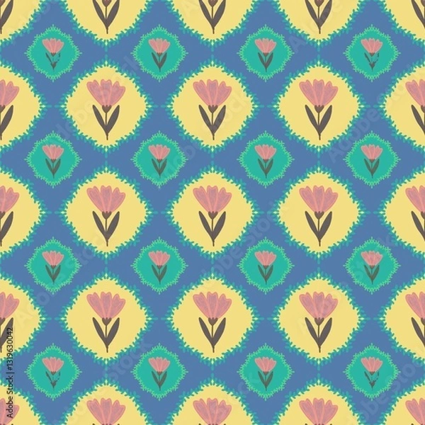 Fototapeta vector seamless pattern with flowers in geometry on blue background 