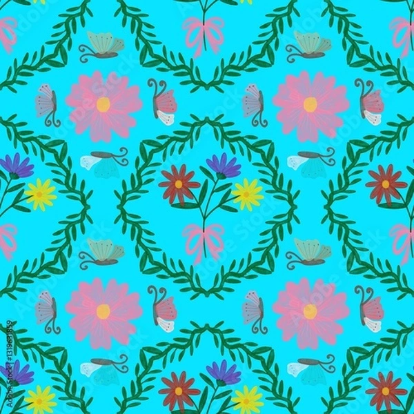 Fototapeta seamless pattern with flowers and butterfly on blue background 