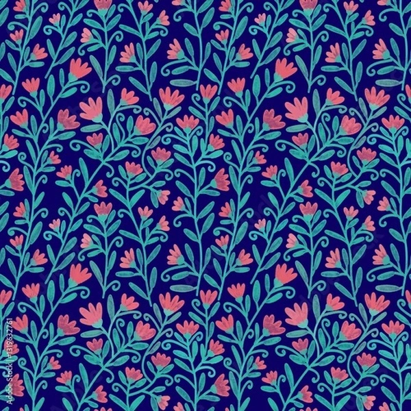 Obraz Seamless pink floral patterns in deep blue background 