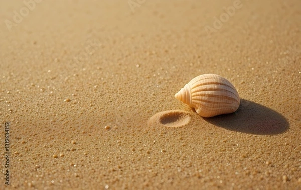 Fototapeta Single seashell on golden beach sand with soft shadows, shell on the beach, seashell on beach sand