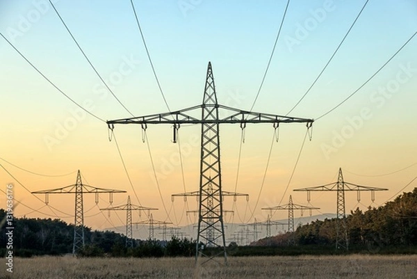 Fototapeta High voltage power lines over a field at sunset