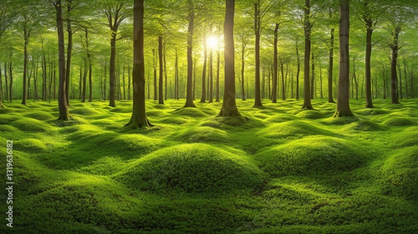 Fototapeta a forest with vibrant green moss undulating across the floor, illuminated by sunlight filtering through the trees.