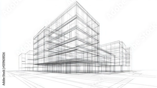 Fototapeta 3D wireframe sketch of a building design in vector format
