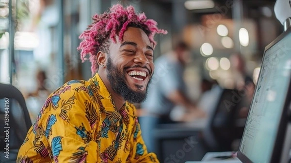 Fototapeta Joyful young man with colorful hair and shirt smiling at computer in modern creative workspace