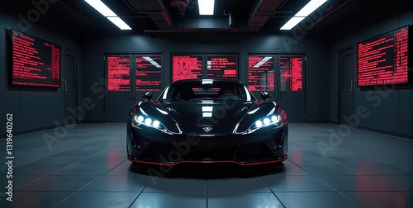 Fototapeta Sleek black supercar in a modern garage with red digital displays. Perfect for automotive, technology, and luxury concepts.