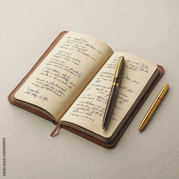 Obraz Gold pen on open 3D leather notebook with notes