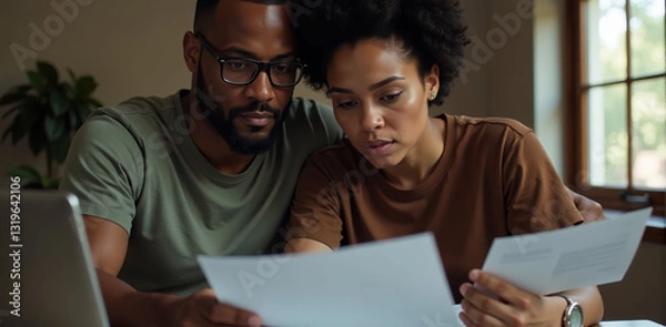 Fototapeta A young African American couple sits together indoors, seriously reviewing important papers. They are focused and appear concerned.