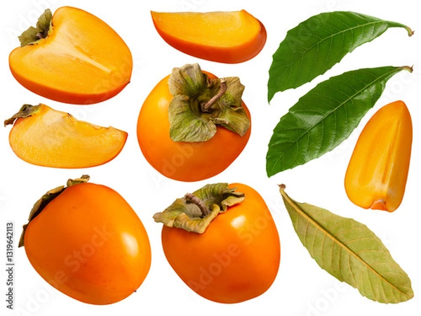Obraz Persimmon whole and halves isolated on white background set