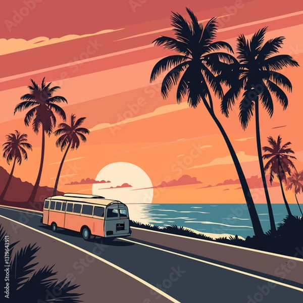 Fototapeta Colorful vintage bus on coastal road with palm trees and sunset background