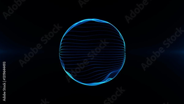 Fototapeta Absolute glowing blue energy looped sphere of strings of lines and particles moving on a dark glowing background .Futuristic technological energy ball