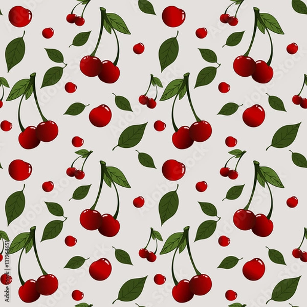 Fototapeta Pattern with cherries and leaves placed randomly
