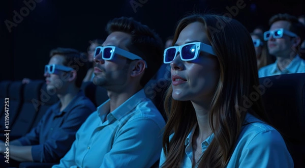 Fototapeta Young adults wearing 3D glasses watch a movie in a dark cinema. Ideal for advertising entertainment, film, and cinema.