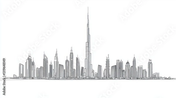 Obraz Dubai city skyline featuring towers and landmarks in a liner illustration style vector with famous buildings in a cityscape line art vector