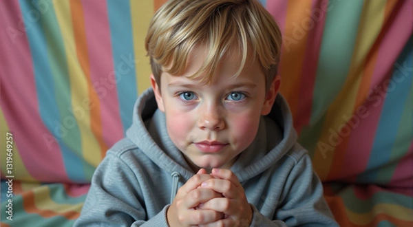 Obraz Portrait of a young boy with blue eyes, wearing a grey hoodie.  Calm expression, hands folded. Colorful striped background.