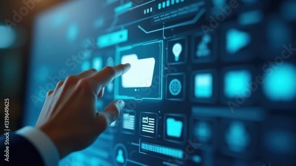 Fototapeta Person is pointing at a computer screen with a blue background. The screen is filled with icons and buttons. Concept of using technology to access